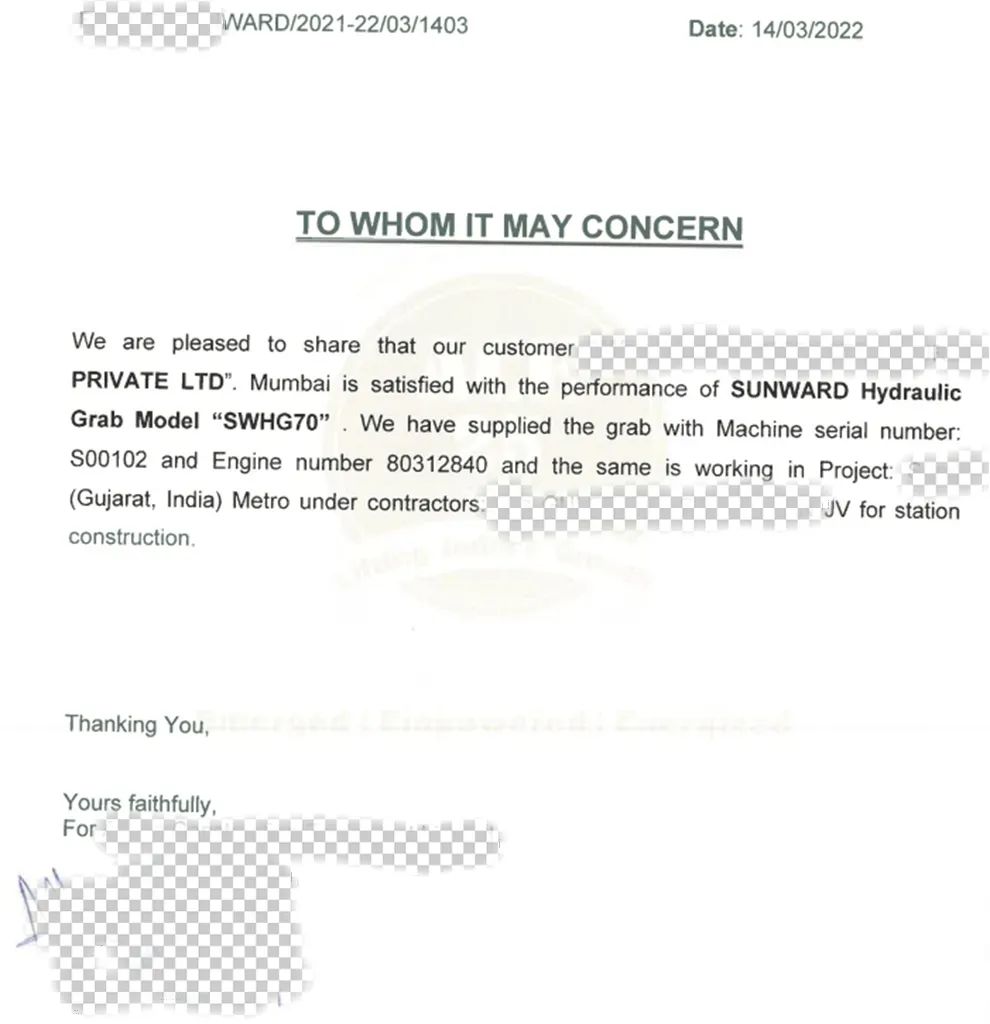 感谢信！PA视讯平台SWHG70液压抓斗助力海外基础施工获肯定